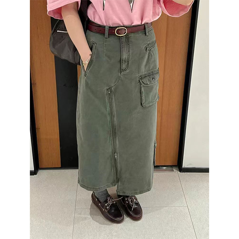 Denim midi suknja s visokim strukom, opuštenog kroja, asimetričnim rubom i prorezom, korejskog stila s hongkonškim retro šarmom, za žene