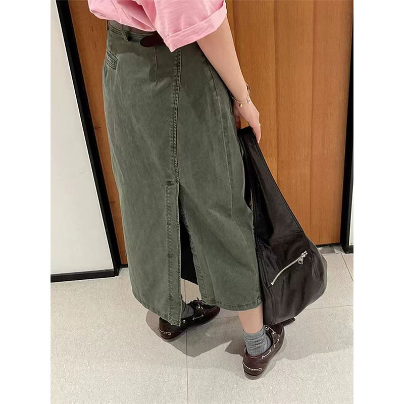 Denim midi suknja s visokim strukom, opuštenog kroja, asimetričnim rubom i prorezom, korejskog stila s hongkonškim retro šarmom, za žene