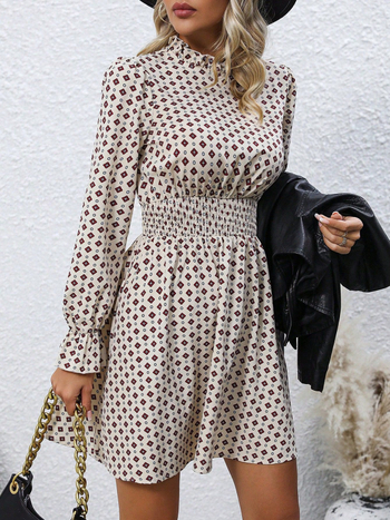 Ženska haljina za proljeće i ljeto, naglašeni struk, kratka suknja, dugi rukavi, okrugli izrez, casual stil, geometrijski uzorak