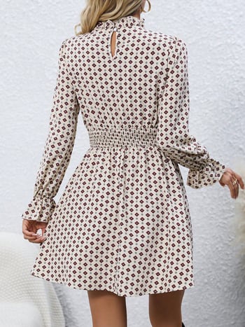 Ženska haljina za proljeće i ljeto, naglašeni struk, kratka suknja, dugi rukavi, okrugli izrez, casual stil, geometrijski uzorak