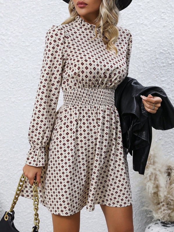 Ženska haljina za proljeće i ljeto, naglašeni struk, kratka suknja, dugi rukavi, okrugli izrez, casual stil, geometrijski uzorak