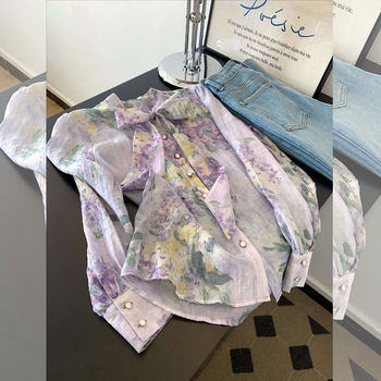 Vintage ljubičasta bluza s mašnicom – cvjetni uzorak, vintage stil, elegantna, casual, svestrana, plus size, dugi rukav, vizualno sužava siluetu