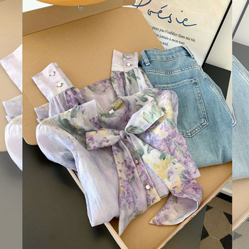 Vintage ljubičasta bluza s mašnicom – cvjetni uzorak, vintage stil, elegantna, casual, svestrana, plus size, dugi rukav, vizualno sužava siluetu