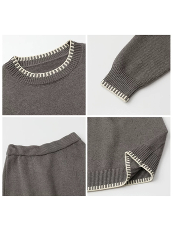 Зимен комплект: пуловер с кръгло деколте и пола от плетиво в небрежен стил, контрастни цветове