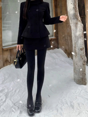 Хепбърн стил черна костюм рокля за жени, есен-зима 2025, дребен ръст, комплект с къса пола