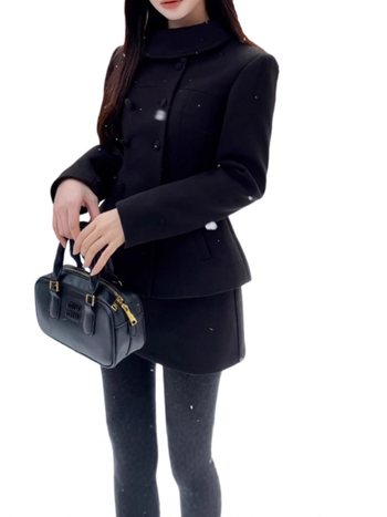 Хепбърн стил черна костюм рокля за жени, есен-зима 2025, дребен ръст, комплект с къса пола