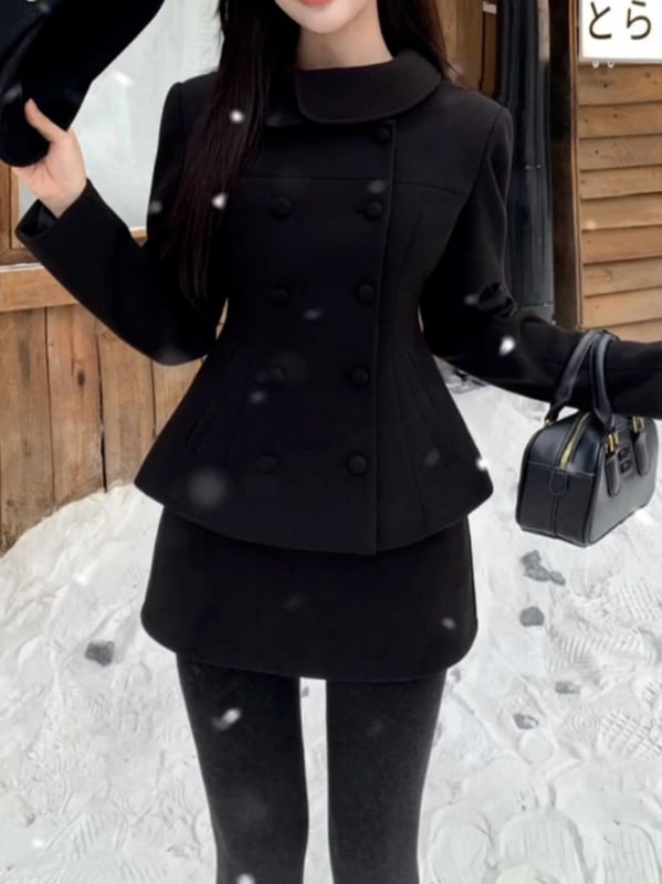 Хепбърн стил черна костюм рокля за жени, есен-зима 2025, дребен ръст, комплект с къса пола