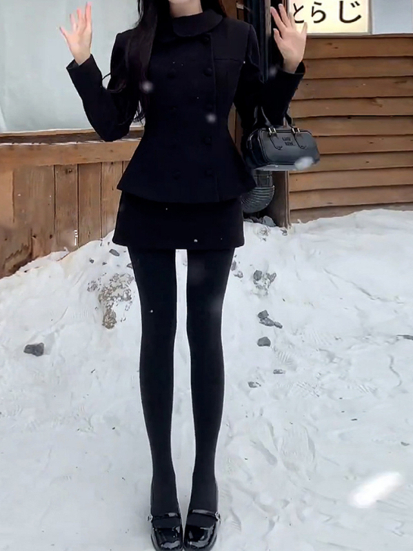 Хепбърн стил черна костюм рокля за жени, есен-зима 2025, дребен ръст, комплект с къса пола