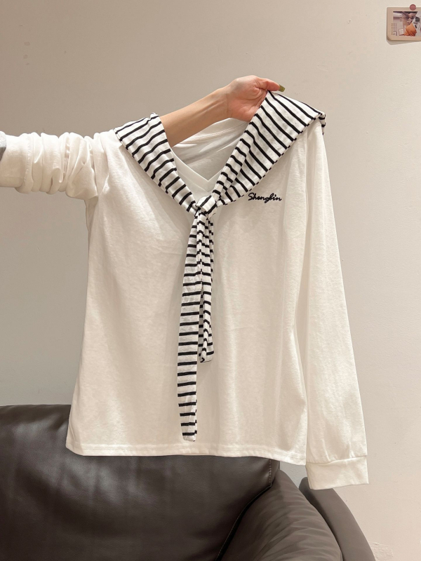 Ženski ležerni T-shirt s V izrezom, šalom i izvezenim slovima, dugim rukavima, jesenji kroj