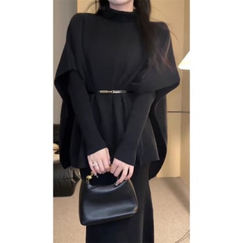 Dva komada: jednobojna pletena haljina za jesen-zimu, za žene, uredski stil, elegantan dojam