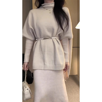 Dva komada: jednobojna pletena haljina za jesen-zimu, za žene, uredski stil, elegantan dojam