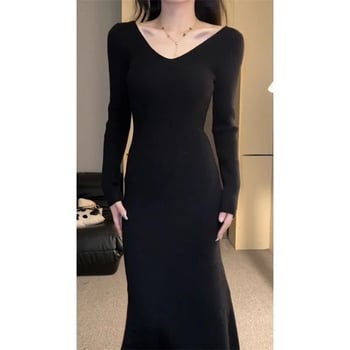 Dva komada: jednobojna pletena haljina za jesen-zimu, za žene, uredski stil, elegantan dojam