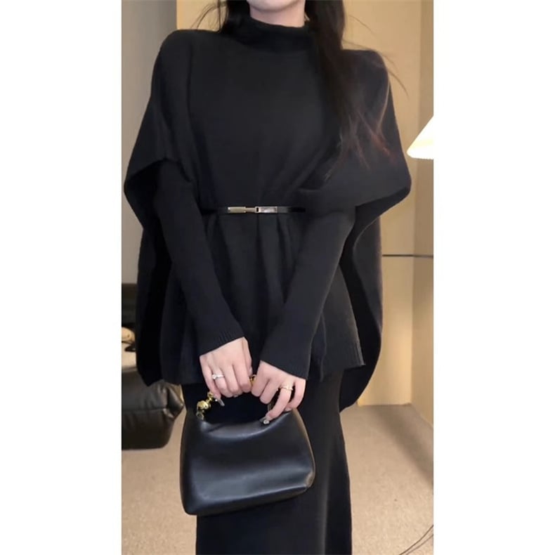Dva komada: jednobojna pletena haljina za jesen-zimu, za žene, uredski stil, elegantan dojam