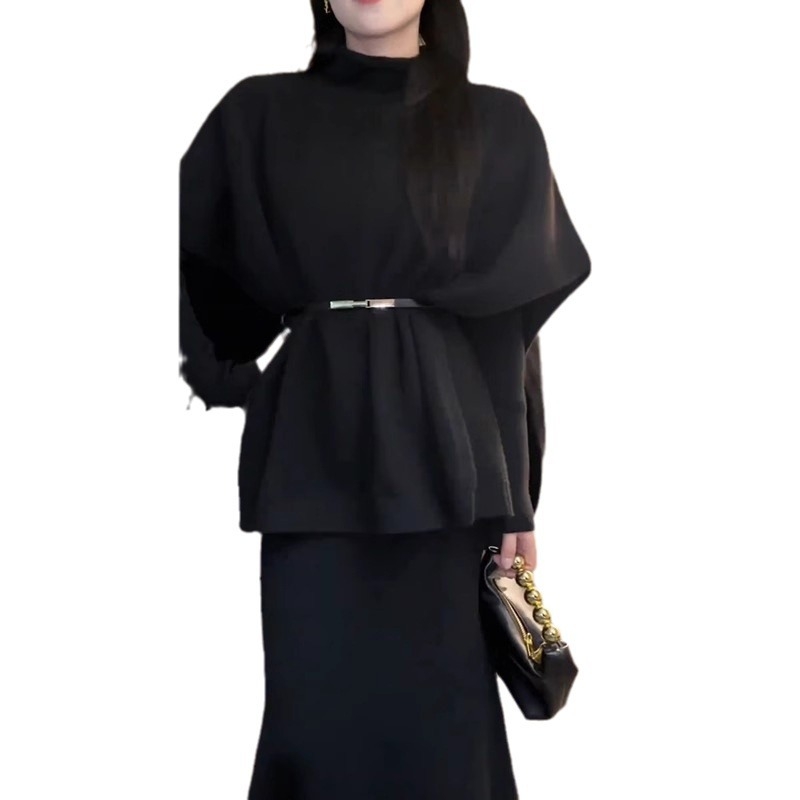 Dva komada: jednobojna pletena haljina za jesen-zimu, za žene, uredski stil, elegantan dojam
