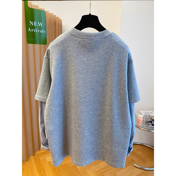 Ženski pamučni T-shirt s dugim rukavima, sivkasta siva, dvodjelni izgled, gradski stil, plus veličina