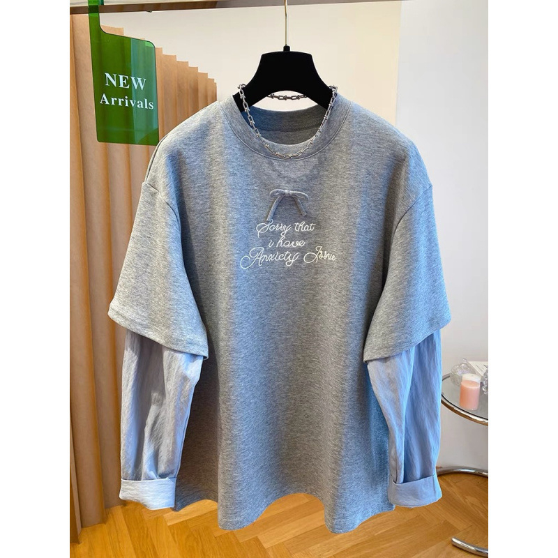 Ženski pamučni T-shirt s dugim rukavima, sivkasta siva, dvodjelni izgled, gradski stil, plus veličina