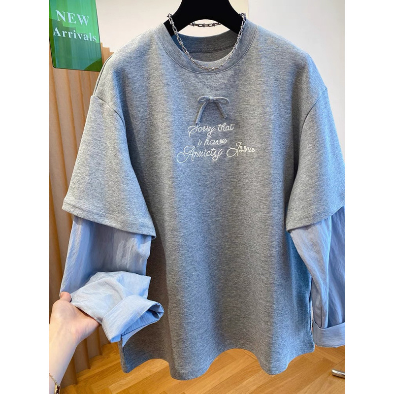 Ženski pamučni T-shirt s dugim rukavima, sivkasta siva, dvodjelni izgled, gradski stil, plus veličina