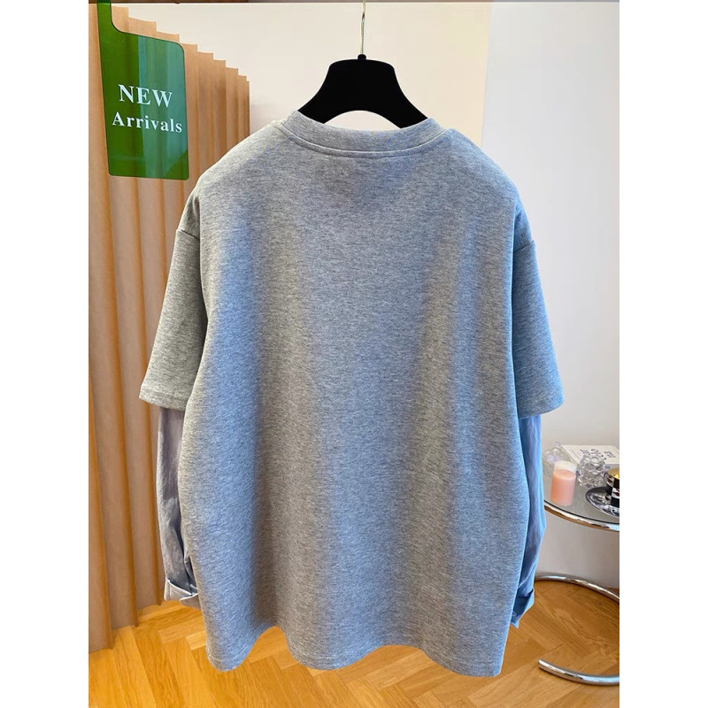 Ženski pamučni T-shirt s dugim rukavima, sivkasta siva, dvodjelni izgled, gradski stil, plus veličina