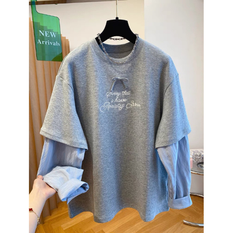 Ženski pamučni T-shirt s dugim rukavima, sivkasta siva, dvodjelni izgled, gradski stil, plus veličina