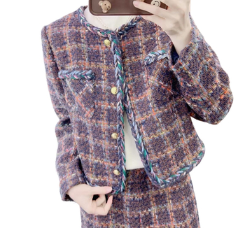 Двукомпонентен костюм: сако и пола, стил светска дама, вдъхновен от Chanel, есен-зима 2025