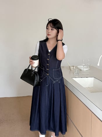 K3140 Ženski plus veličine denim set: veste i duga suknja, tamnoplava, rani jesen, elegante retro stil