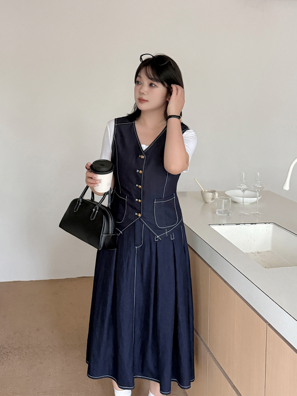 K3140 Ženski plus veličine denim set: veste i duga suknja, tamnoplava, rani jesen, elegante retro stil