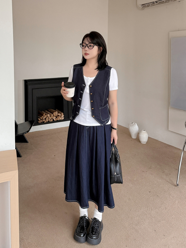 K3140 Ženski plus veličine denim set: veste i duga suknja, tamnoplava, rani jesen, elegante retro stil