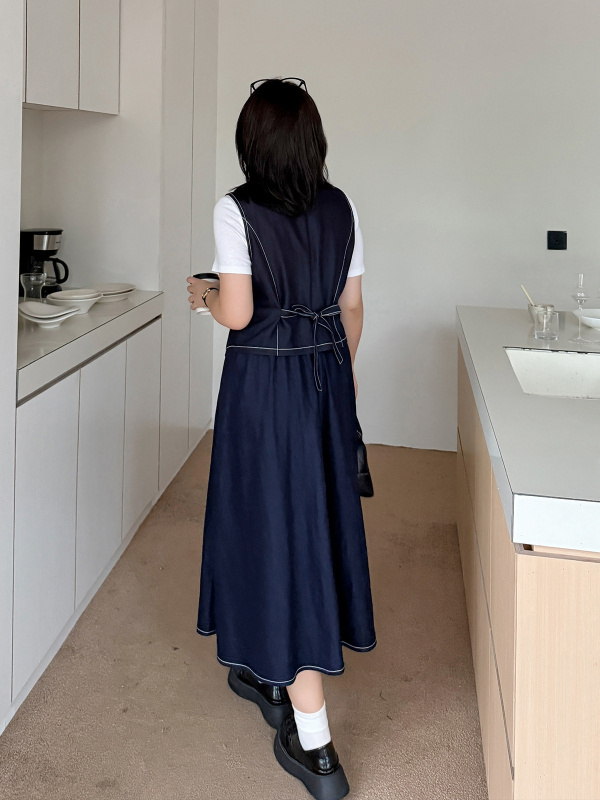 K3140 Ženski plus veličine denim set: veste i duga suknja, tamnoplava, rani jesen, elegante retro stil