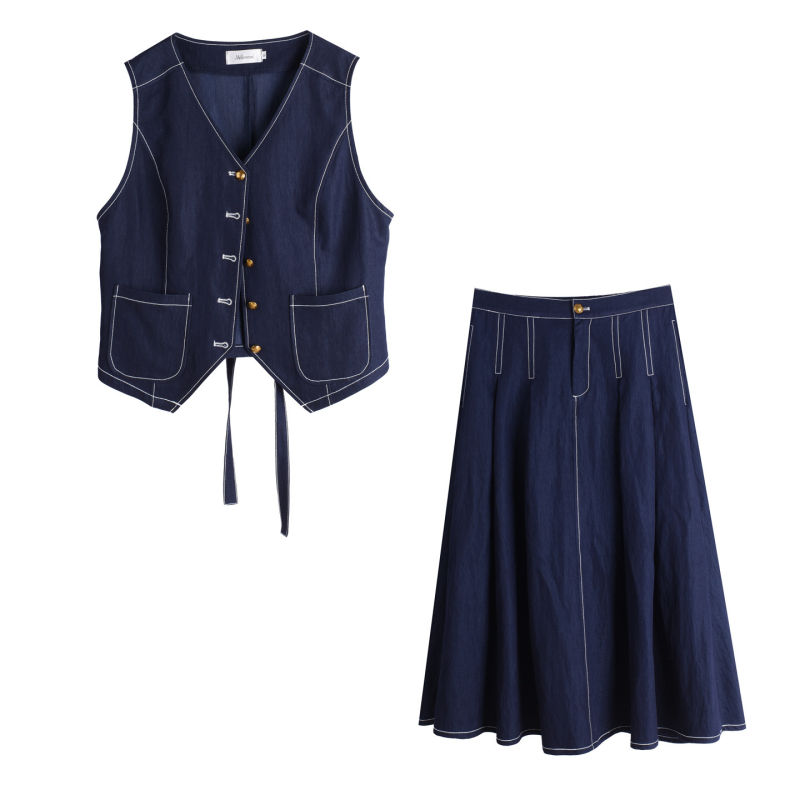 K3140 Ženski plus veličine denim set: veste i duga suknja, tamnoplava, rani jesen, elegante retro stil