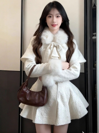 Женски зимен костюм: рокля с пелерина в стил лайт лукс, панделка и пухена яка, подчертана талия, комплект от две части