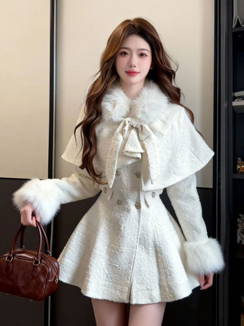 Женски зимен костюм: рокля с пелерина в стил лайт лукс, панделка и пухена яка, подчертана талия, комплект от две части