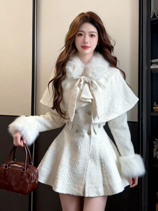 Женски зимен костюм: рокля с пелерина в стил лайт лукс, панделка и пухена яка, подчертана талия, комплект от две части