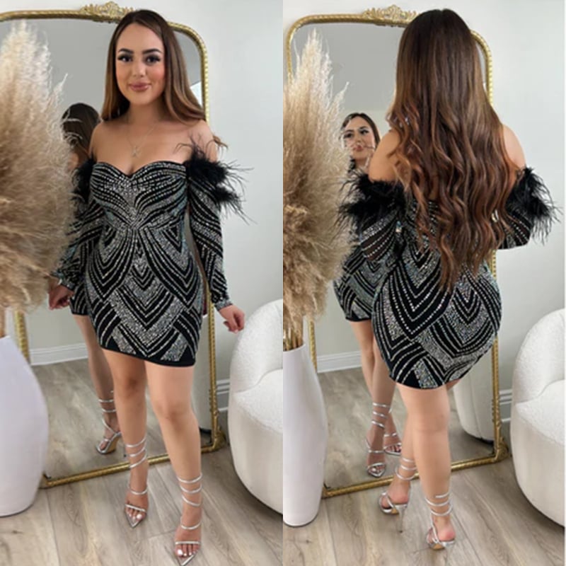 K2887 Ženska bodycon haljina s kristalima i perjem, bez naramenica, elastična