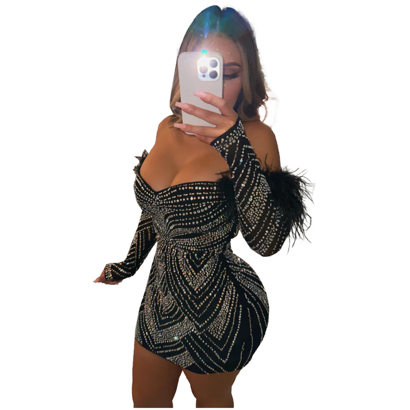 K2887 Ženska bodycon haljina s kristalima i perjem, bez naramenica, elastična