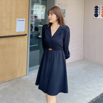 Plus-size ženska elegantna haljina s ovratnikom sakoe, naglašenim strukom, dugim rukavima, midi duljinom, model K1567