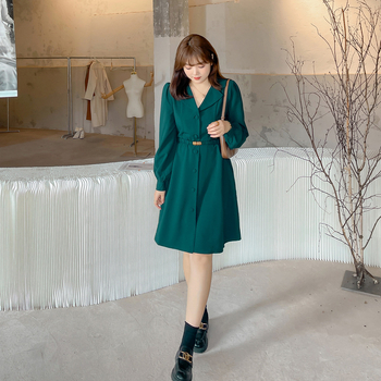Plus-size ženska elegantna haljina s ovratnikom sakoe, naglašenim strukom, dugim rukavima, midi duljinom, model K1567