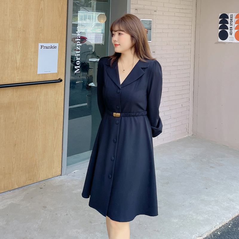 Plus-size ženska elegantna haljina s ovratnikom sakoe, naglašenim strukom, dugim rukavima, midi duljinom, model K1567