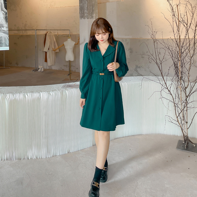 Plus-size ženska elegantna haljina s ovratnikom sakoe, naglašenim strukom, dugim rukavima, midi duljinom, model K1567