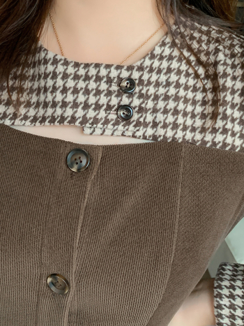 Prekrasna haljina K2218 za plus veličinu za jesen/zimu, tkanina s houndstooth uzorkom od chenillea, duga do koljena, za žene