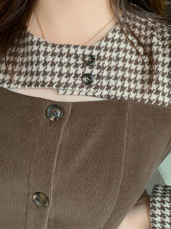 Prekrasna haljina K2218 za plus veličinu za jesen/zimu, tkanina s houndstooth uzorkom od chenillea, duga do koljena, za žene
