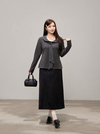 Koreai divat csíkos elöl kötős topp, vastag anyagból, őszi–téli, plusz méret, laza szabású, hosszú ujjú, 65511