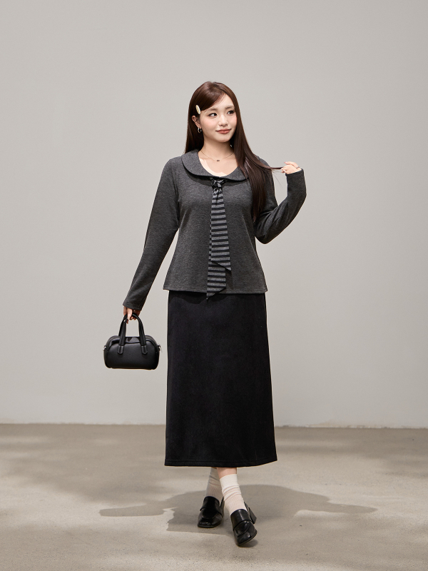 Koreai divat csíkos elöl kötős topp, vastag anyagból, őszi–téli, plusz méret, laza szabású, hosszú ujjú, 65511