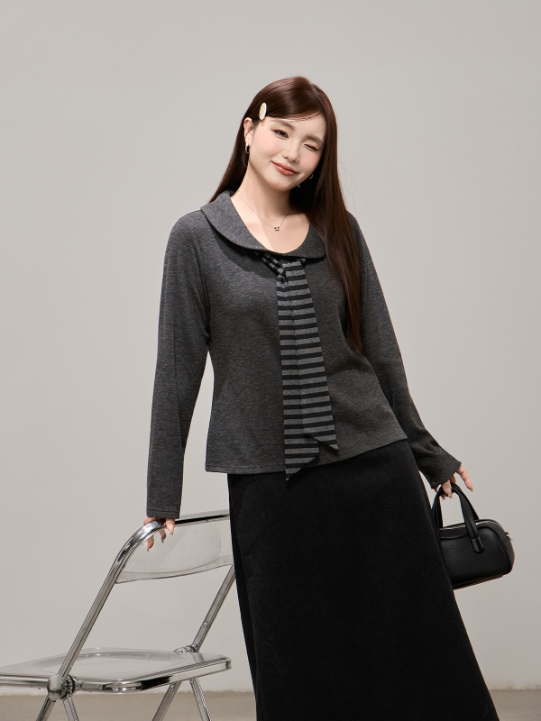 Koreai divat csíkos elöl kötős topp, vastag anyagból, őszi–téli, plusz méret, laza szabású, hosszú ujjú, 65511