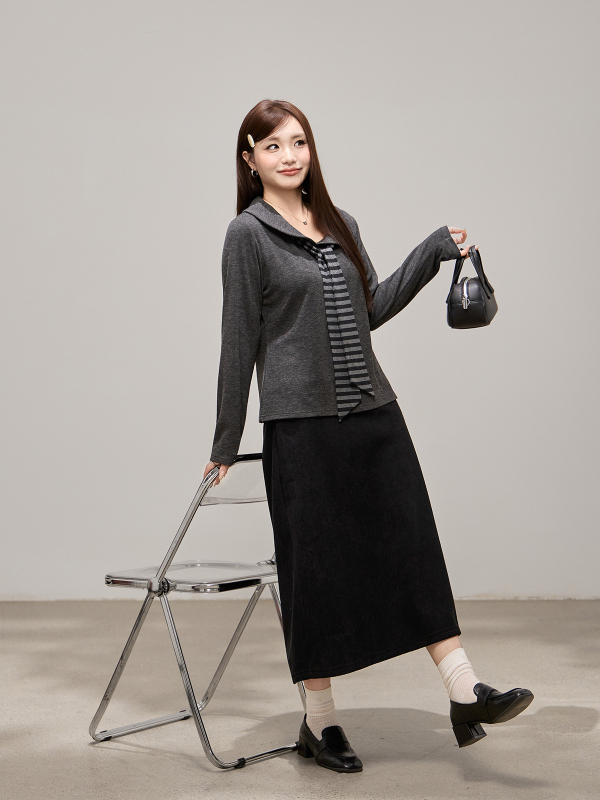 Koreai divat csíkos elöl kötős topp, vastag anyagból, őszi–téli, plusz méret, laza szabású, hosszú ujjú, 65511