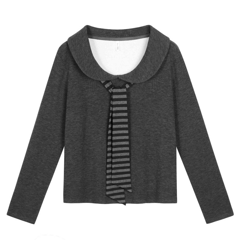 Koreai divat csíkos elöl kötős topp, vastag anyagból, őszi–téli, plusz méret, laza szabású, hosszú ujjú, 65511