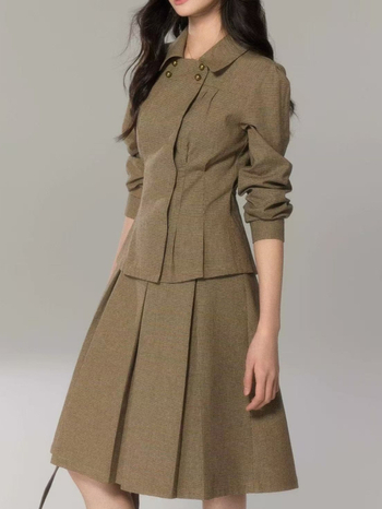 Eryang Design Jiayi Vintage Košulja s Peter Pan ovratnikom i kariranim uzorkom, ženski set topa i suknje
