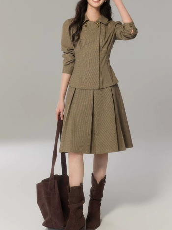 Eryang Design Jiayi Vintage Košulja s Peter Pan ovratnikom i kariranim uzorkom, ženski set topa i suknje