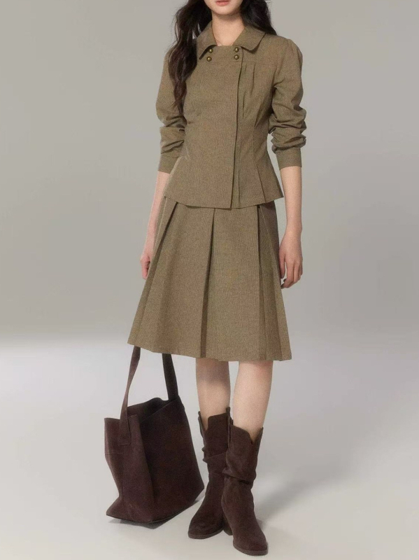 Eryang Design Jiayi Vintage Košulja s Peter Pan ovratnikom i kariranim uzorkom, ženski set topa i suknje