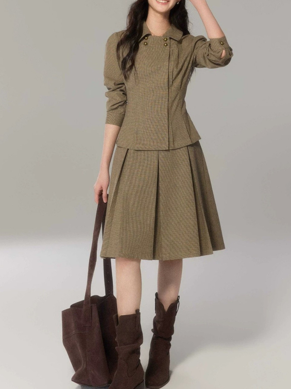 Eryang Design Jiayi Vintage Košulja s Peter Pan ovratnikom i kariranim uzorkom, ženski set topa i suknje