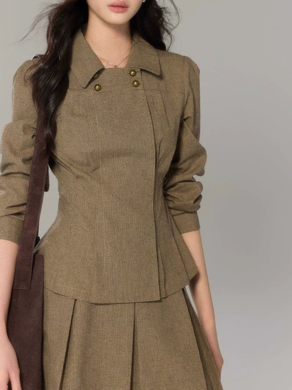 Eryang Design Jiayi Vintage Košulja s Peter Pan ovratnikom i kariranim uzorkom, ženski set topa i suknje